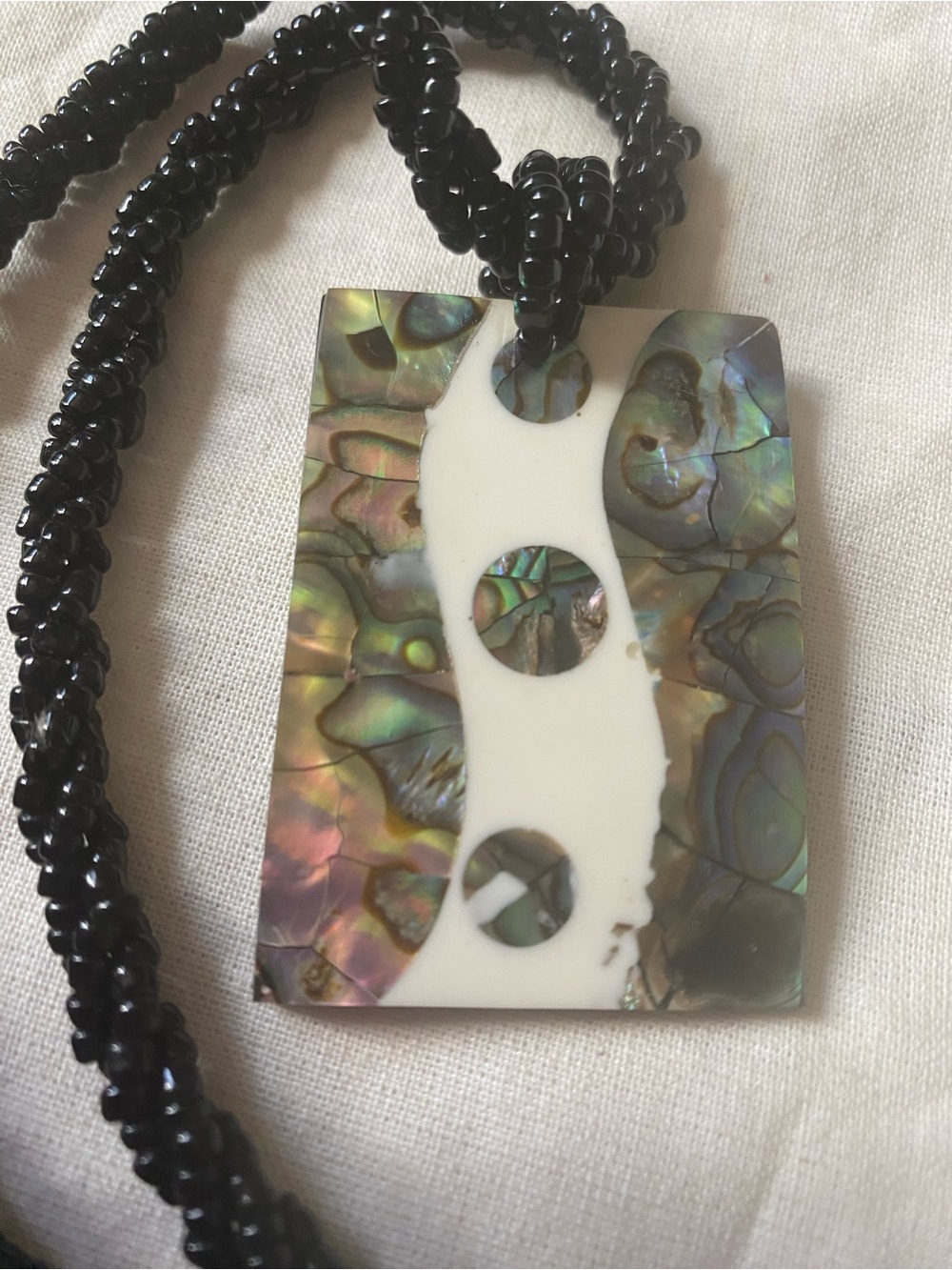 Vintage Abalone Shell and White Resin Pendant Necklace — Black Beaded Strand